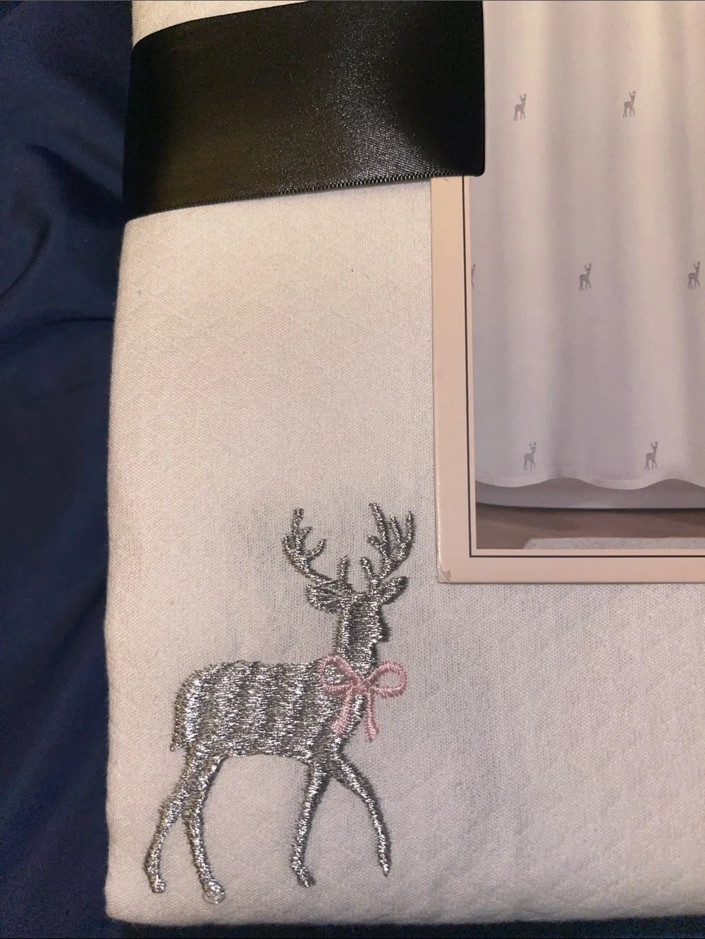 Rachel Zoe White Shower Curtain with Silver Embroidered Reindeer and Pink Bow